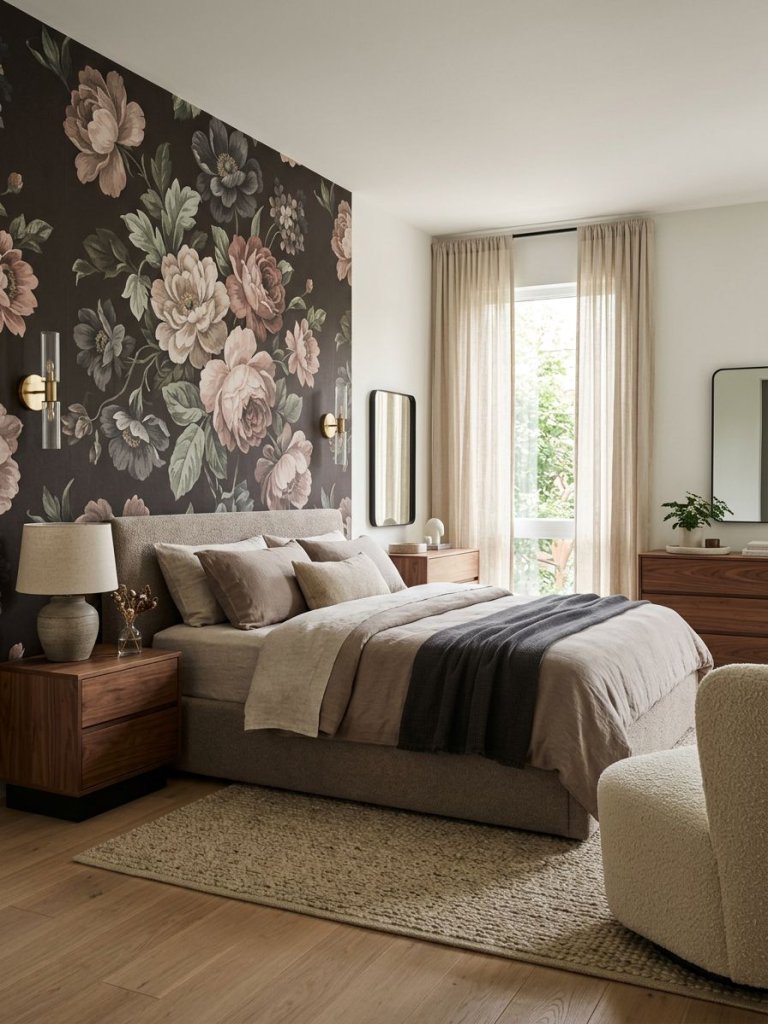 A dark feminine floral bedroom styled with sleek modern furniture and subtle floral accents in a sophisticated Warm Minimalist aesthetic.