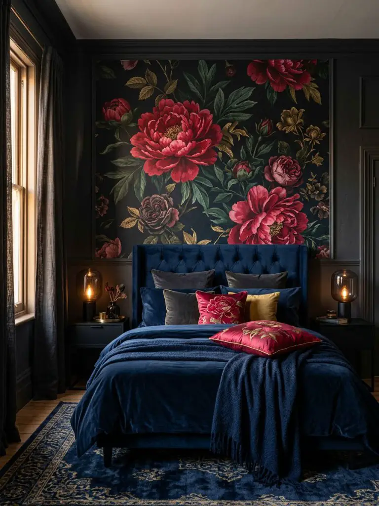 A dramatic dark floral bedroom aesthetic featuring oversized botanical wallpaper against deep charcoal walls paired with rich navy velvet be.