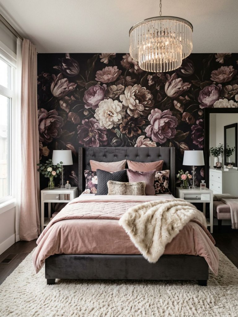 A dramatic dark floral glam bedroom featuring oversized moody botanical wallpaper behind a charcoal upholstered bed in a luxurious modern ro.