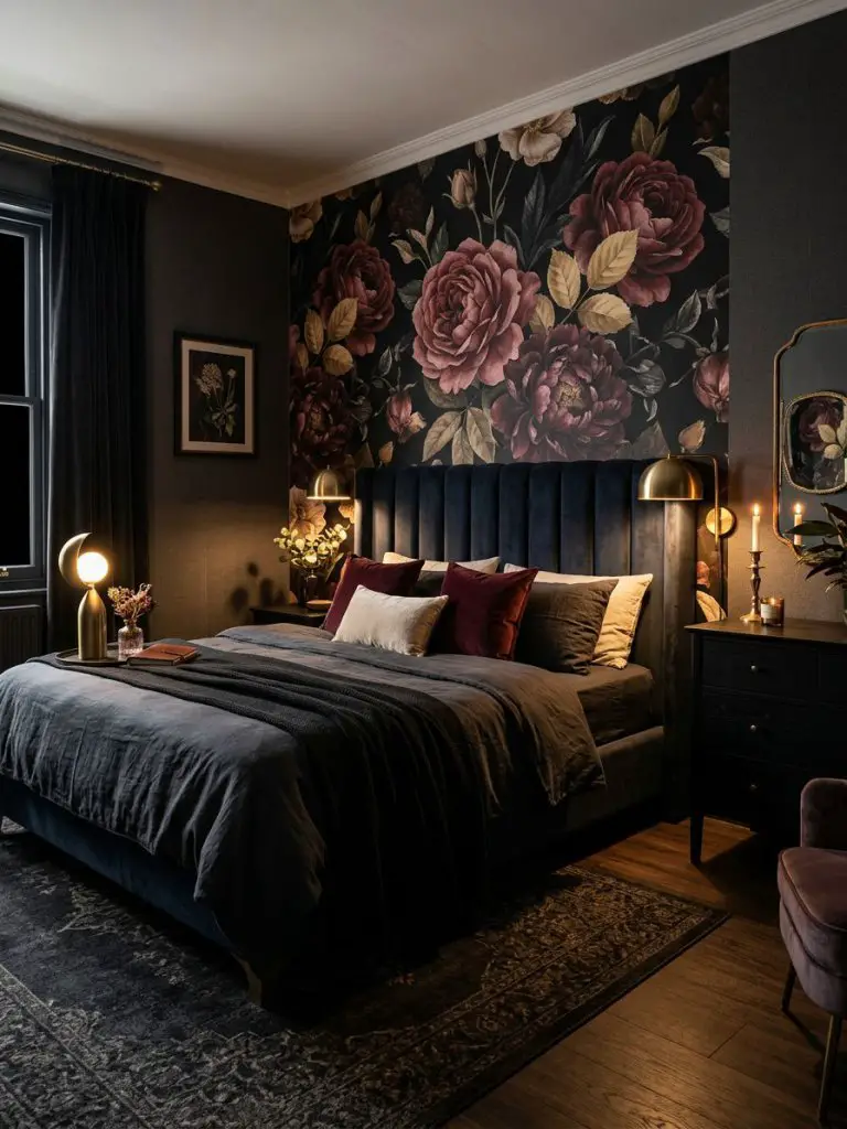 A dark floral moody bedroom designed with dramatic boutique hotel energy and rich botanical elegance.