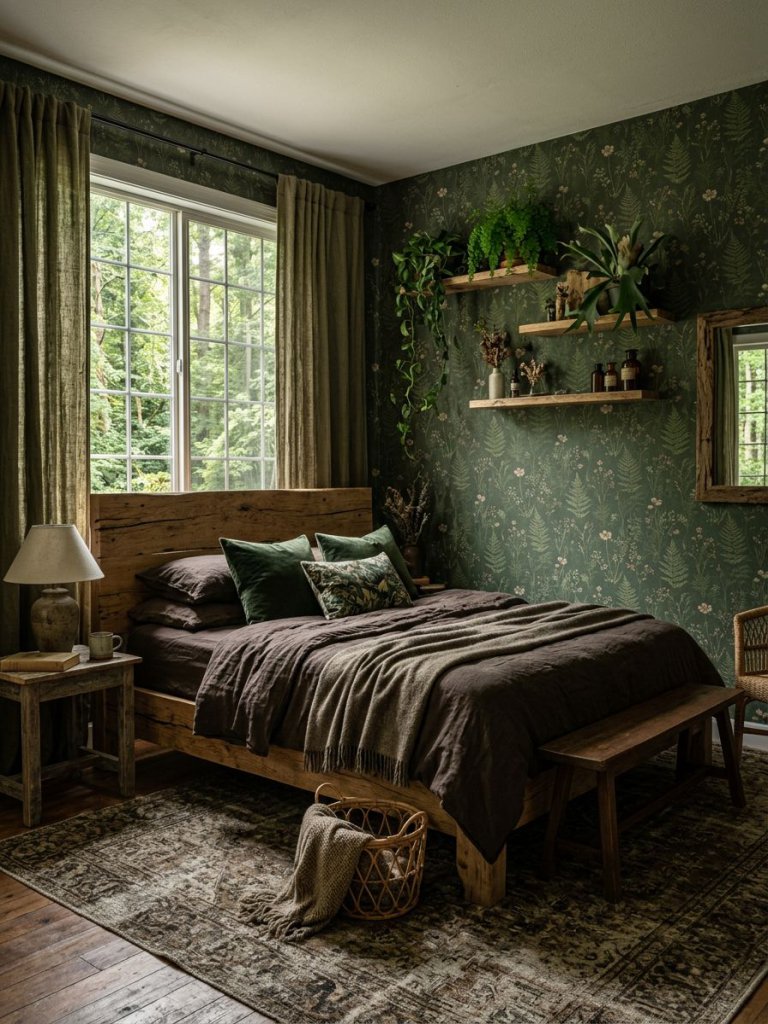 A dark forest aesthetic bedroom inspired by enchanted woodland interiors featuring deep moss green floral wallpaper with subtle fern and wil.