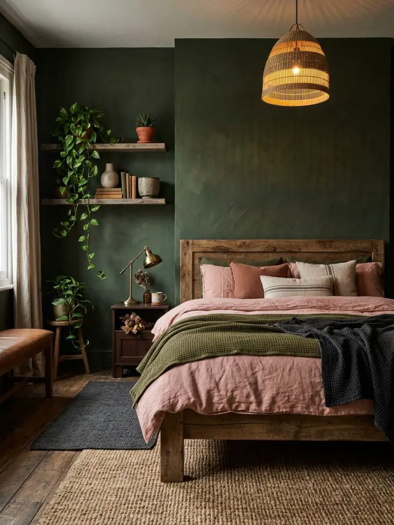 A dark green rustic boho bedroom with earthy masculine warmth and layered pink textiles.