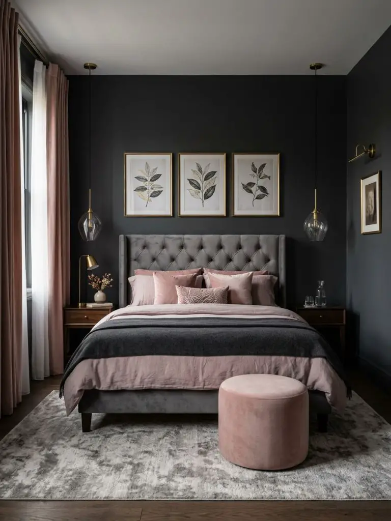 A boutique hotel-inspired pink and grey bedroom featuring dark moody walls, blush velvet accents, and sophisticated modern styling.