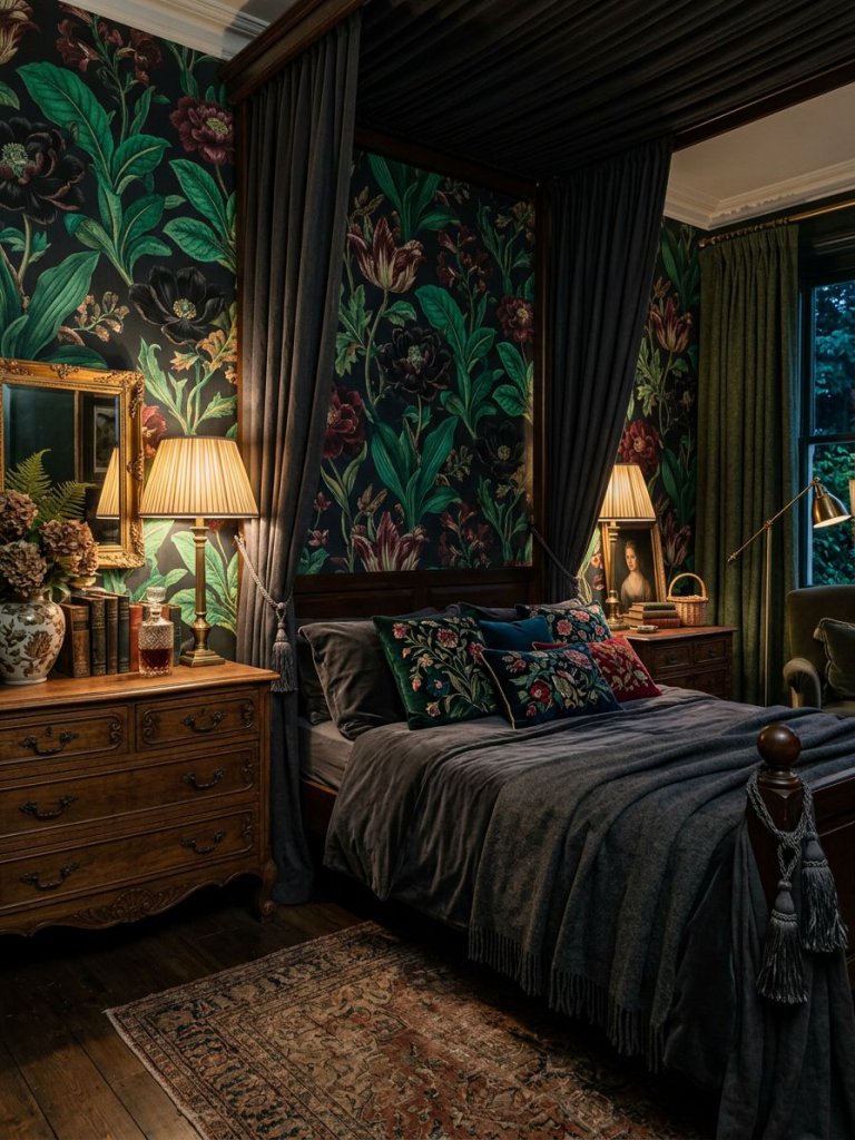A dark maximalist botanical bedroom filled with layered textures, bold floral wallpaper, and eclectic vintage-inspired furniture in a Moody.