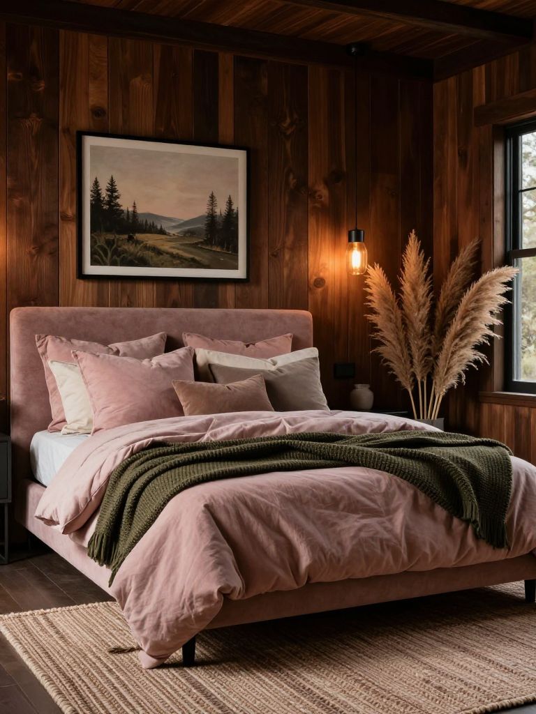 A moody earthy pink bedroom blending Rustic Modern and lodge-inspired aesthetics with dark wood paneled walls, layered blush bedding, and de.