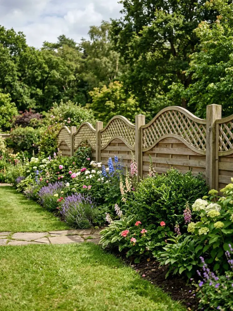 A decorative wooden fence with curved lattice tops framing a lush garden bed, designed in cottage-style rustic elegance.