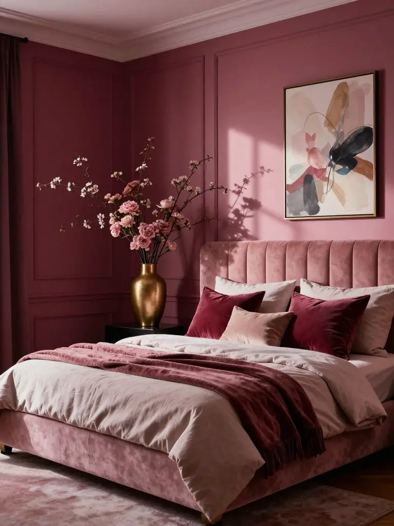 A dramatic moody pink bedroom inspired by Modern Romantic interiors, featuring deep berry pink paneled walls, plush velvet textures, and lay.