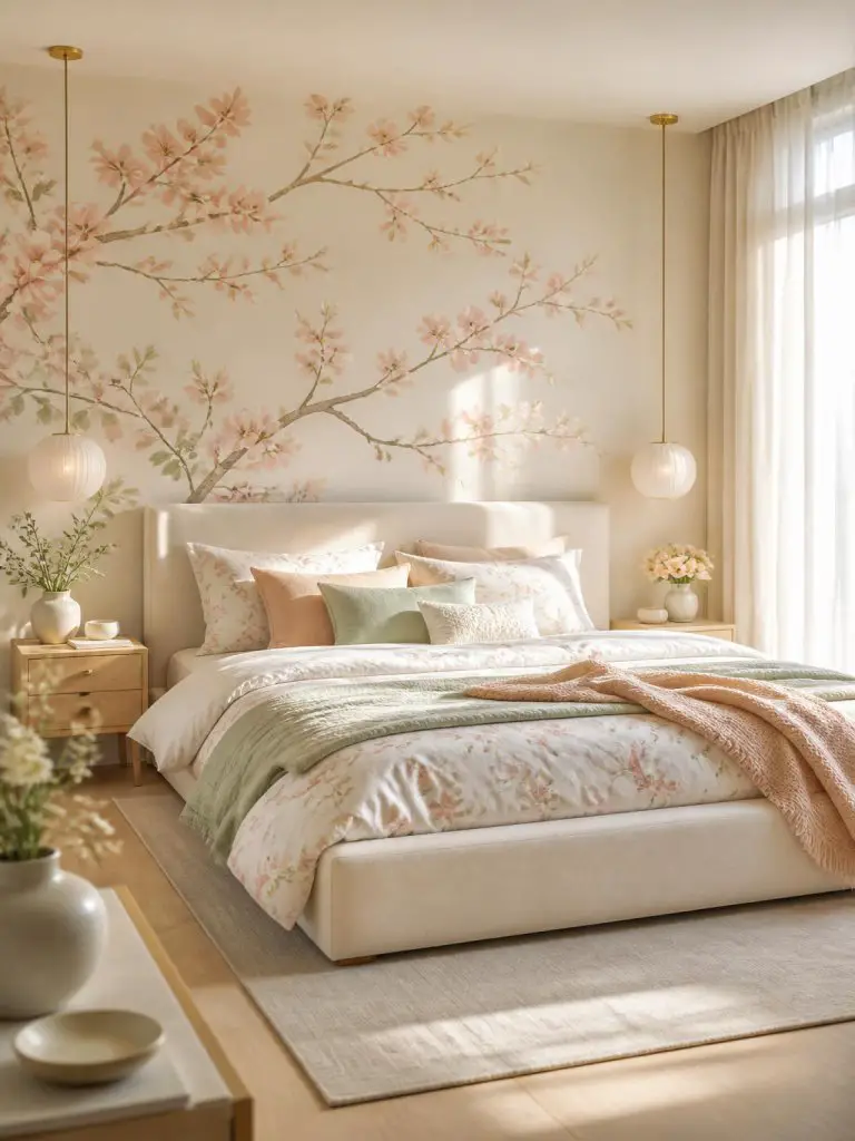 A light-filled floral bedroom featuring delicate cherry blossom branch wallpaper stretching across soft ivory walls behind a low cream uphol.