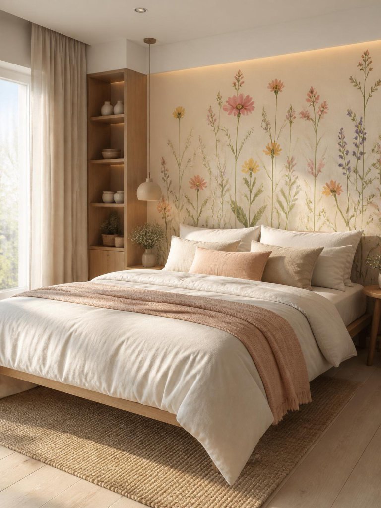 A cozy modern bedroom featuring a delicate wildflower accent wall with hand-painted floral stems in coral, peach, yellow, and soft green ton.