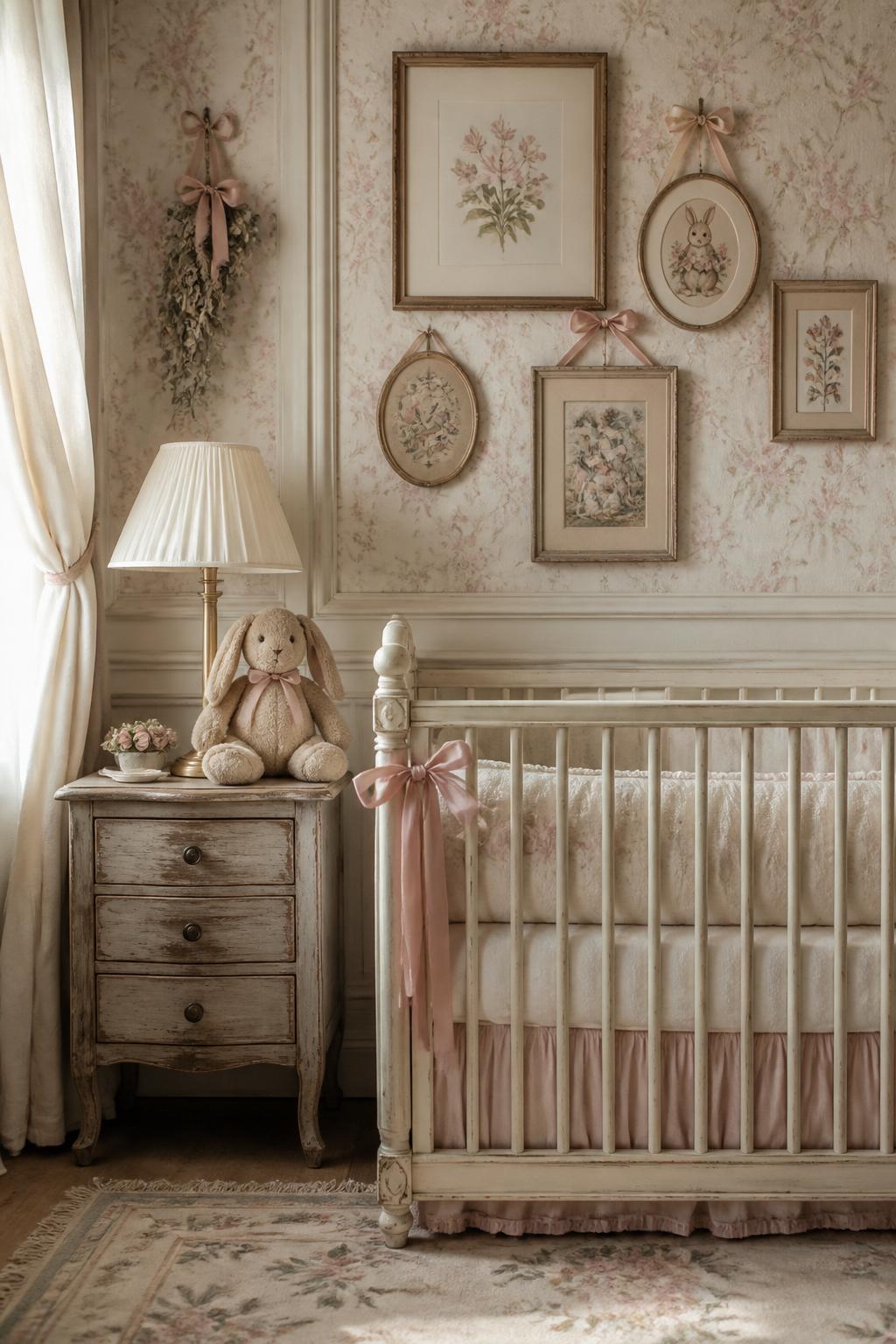 A dreamy nursery designed in French vintage style with pale cream paneling and light floral wallpaper in soft blush sepia tones.