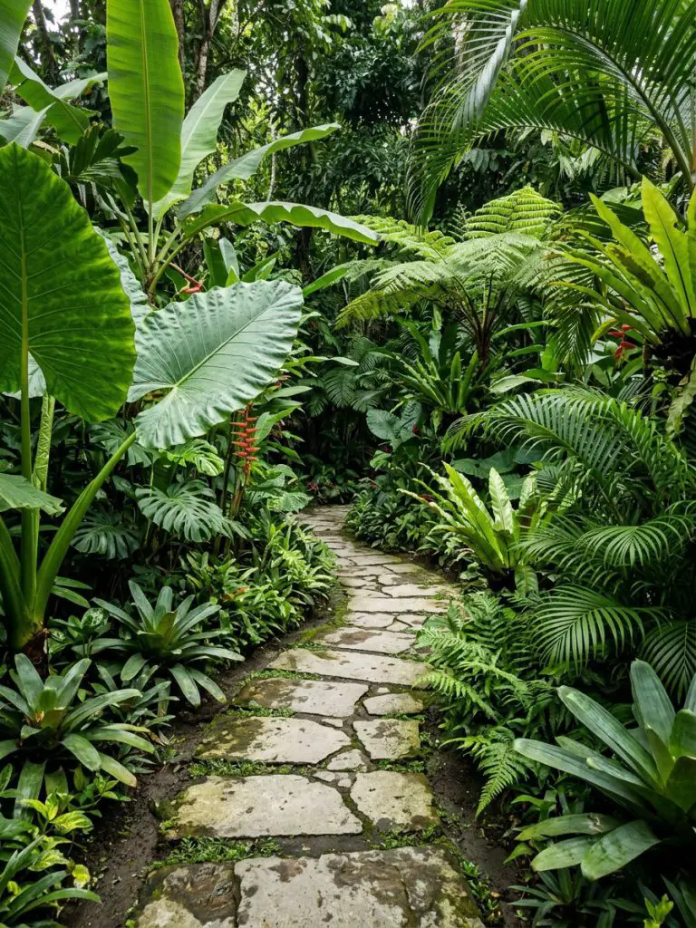 A dense tropical garden walkway designed in a layered jungle style with organic composition.