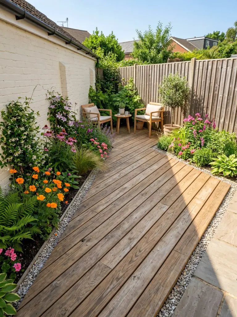 A small triangular backyard garden with clearly defined three sides, showcasing diagonal decking lines that visually stretch the space.