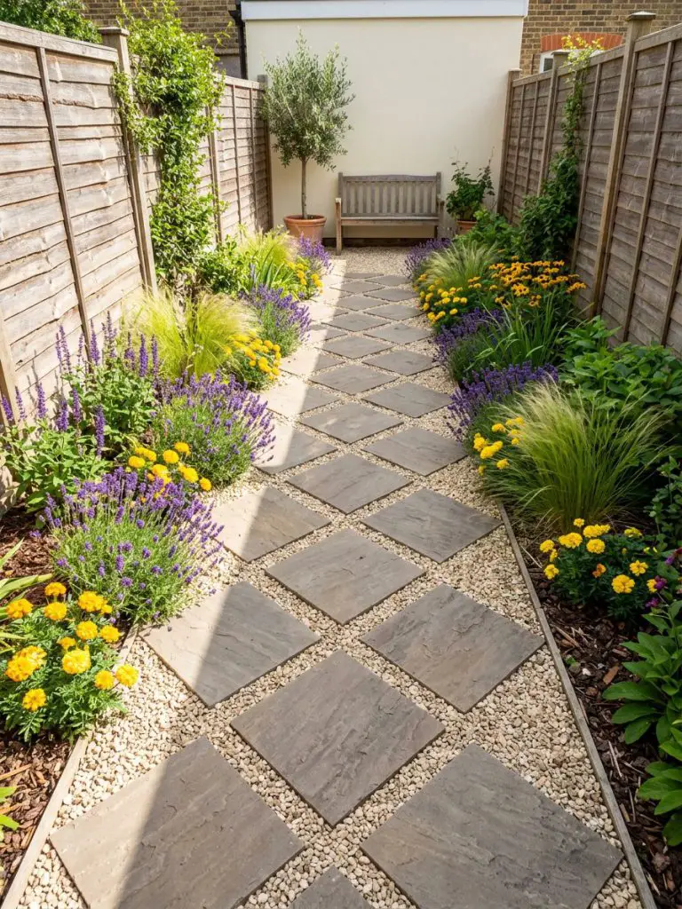 A narrow rectangular backyard featuring diagonal paving in a modern rustic garden design.