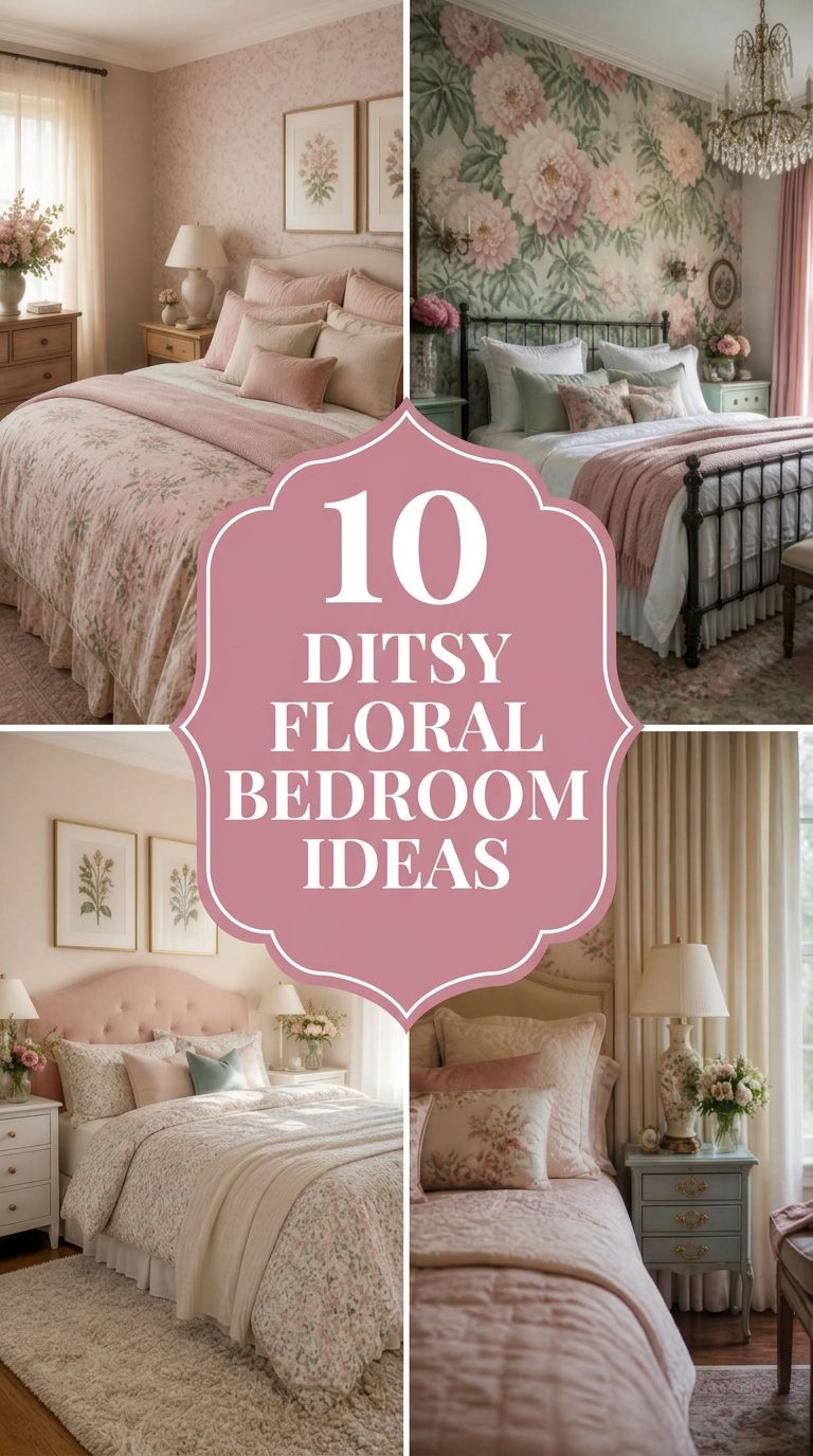 Pinterest banner for 10 Ditsy Floral Bedroom Ideas for a Whimsical, Dreamy Retreat