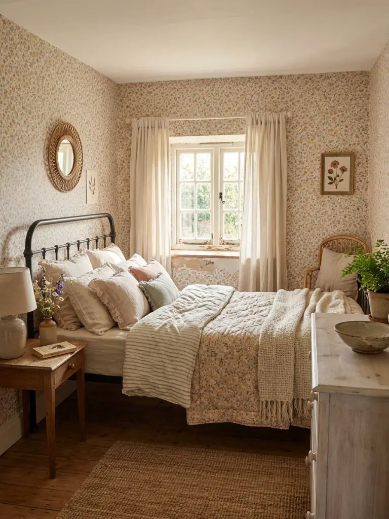 A cozy cottagecore-inspired bedroom featuring ditsy floral wallpaper with tiny scattered blossoms in soft blush, faded yellow, muted sage, a.