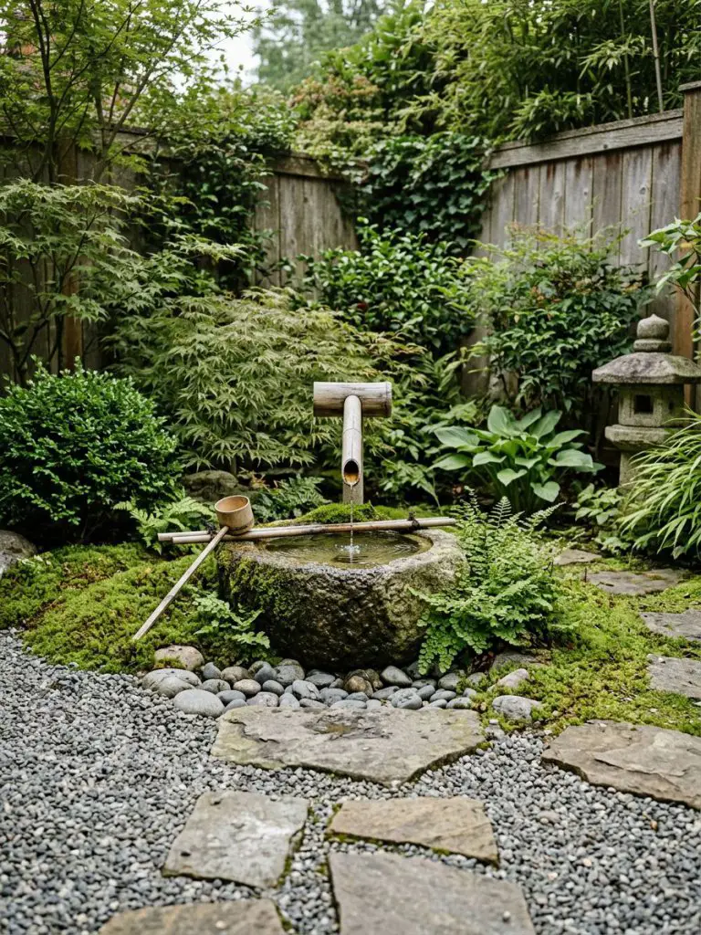 A DIY Japanese garden with a small water basin as the central feature in a compact backyard.