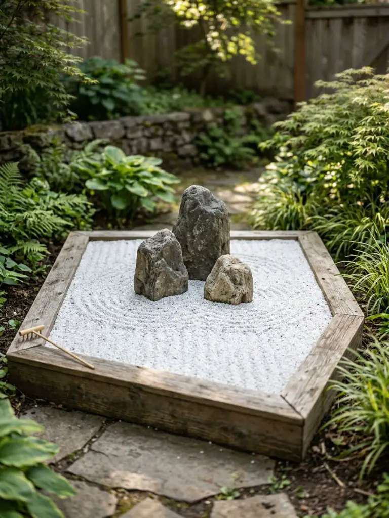 A DIY Zen garden setup in a small backyard featuring simple raked gravel patterns and a trio of natural stones.