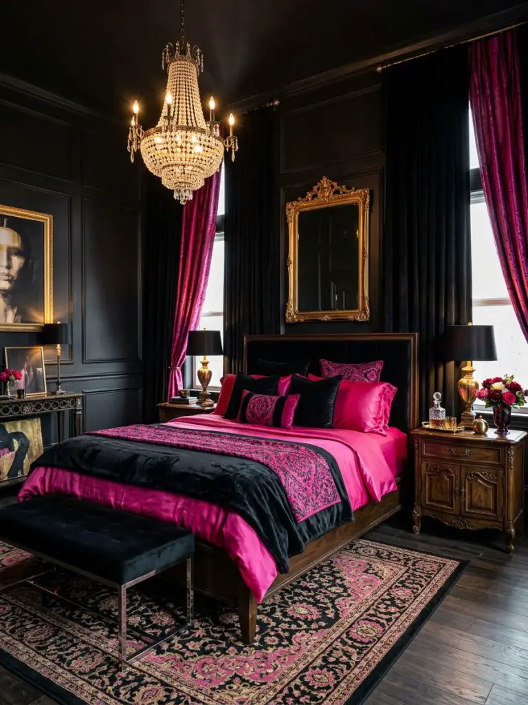 A dramatic luxury bedroom designed in dark glam style with moody elegance and rich interior photography aesthetics.