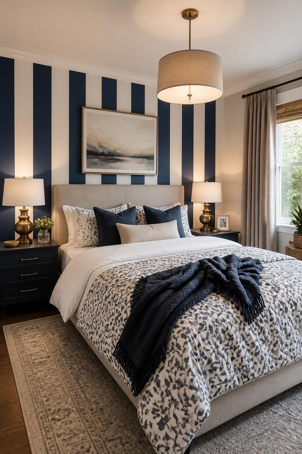 A sophisticated, modern bedroom design dominated by bold vertical navy stripes on the feature wall, paired with bedding in subtle gray and w.