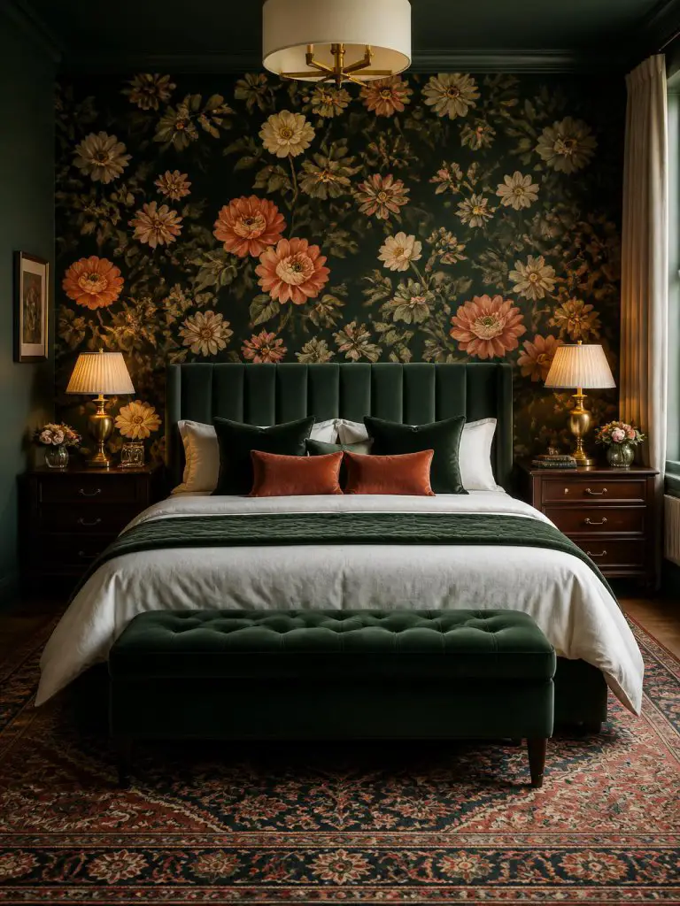 A luxurious dark green floral bedroom featuring a dramatic botanical wallpaper wall filled with coral and ivory blossoms layered against ric.