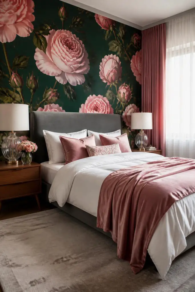 Capture a dramatic bedroom showcasing a bold feature wall filled with oversized pink roses on a deep emerald background.