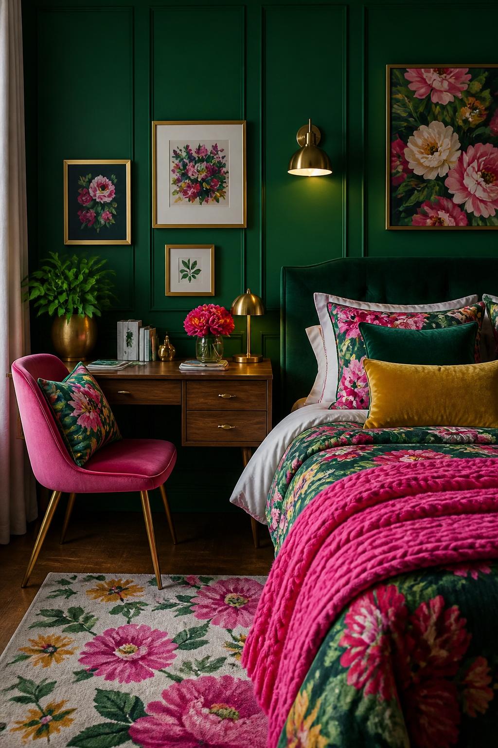 A stylish bedroom with a dramatic emerald green paneled wall sets the stage for vibrant floral decor.
