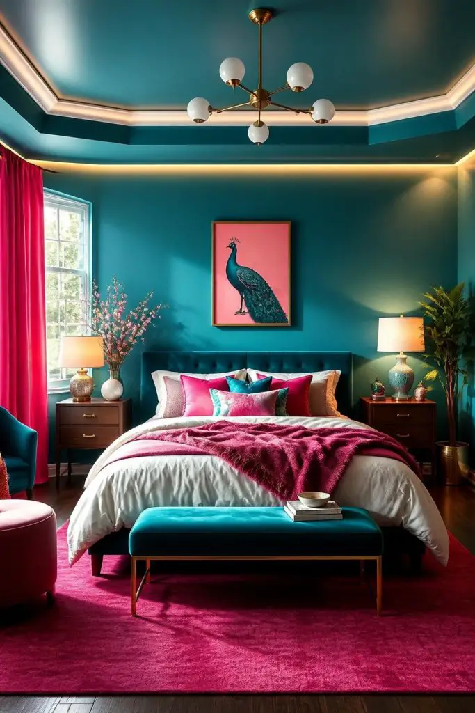 A high-impact bedroom featuring teal walls and ceiling, framed by crisp white molding and illuminated by dramatic LED accent lighting.