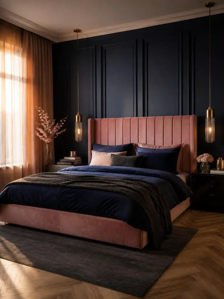 A dramatic modern bedroom centered around a deep navy blue accent wall with oversized vertical panel molding and a plush dusty pink velvet b.
