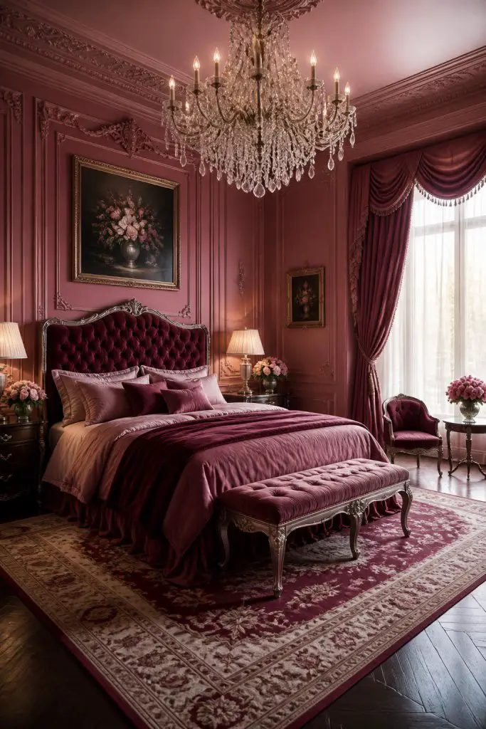 A grand pink and burgundy bedroom with Versailles-inspired molding, dark pink painted walls and ceiling, and a dazzling crystal chandelier a.