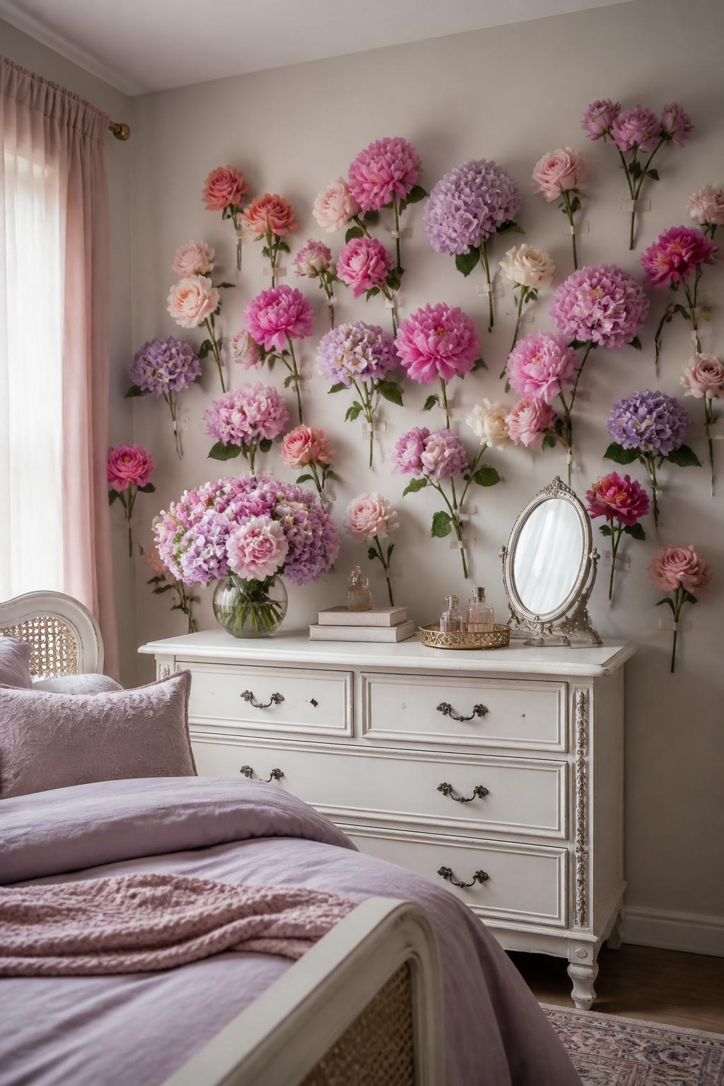 An inspired installation above a classic white dresser, featuring individual fresh hydrangeas, peonies, and garden roses gently taped direct.