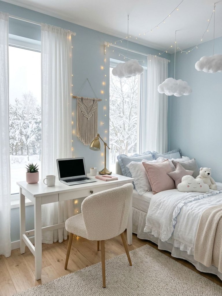 A dreamy blue and pink bedroom workspace designed in Scandinavian-inspired pastel aesthetic with whimsical cloud decor and soft ambient ligh.