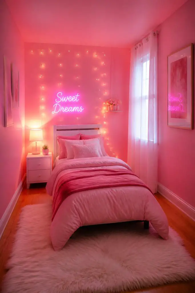 Illustrate a dreamy neon-accented small bedroom painted entirely in bubblegum pink, with cozy pink bedding and a soft white rug underfoot.
