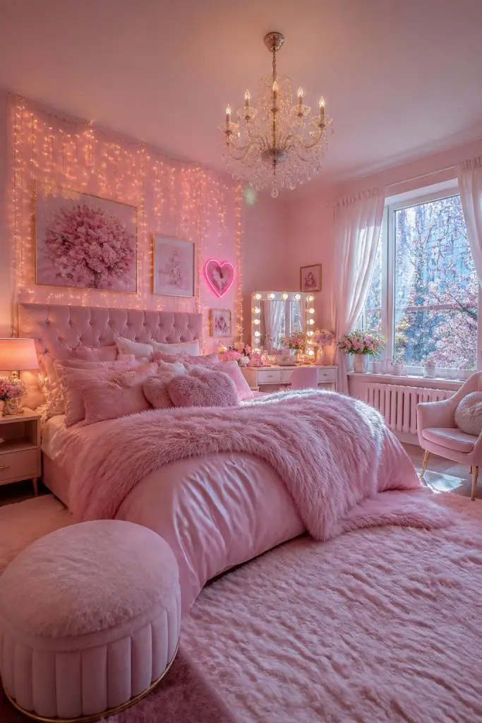 An ultra-dreamy pastel pink bedroom bathed in fairy lights, featuring a button-tufted pink velvet headboard and sparkling crystal chandelier.