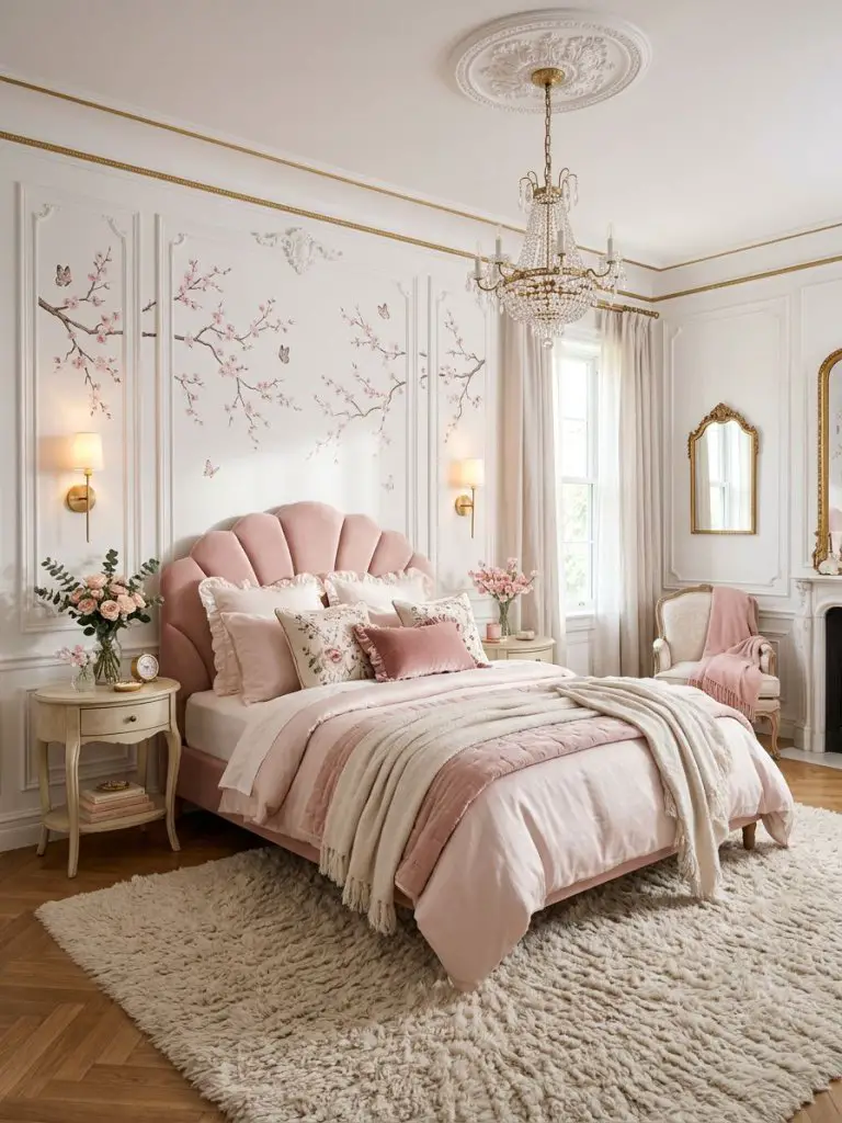 A dreamy pink royal bedroom inspired by whimsical Parisian interiors featuring a shell-shaped blush pink headboard centered against elegant.
