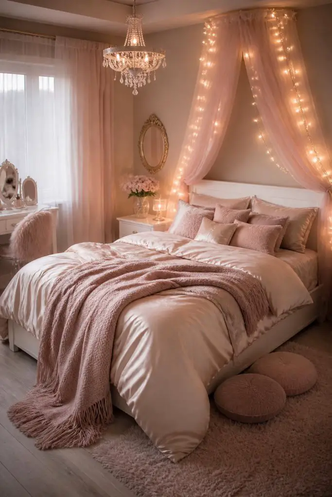 A dreamy pink bedroom filled with soft canopy drapes, glowing fairy lights, and luxurious layered bedding in a romantic modern glam style.