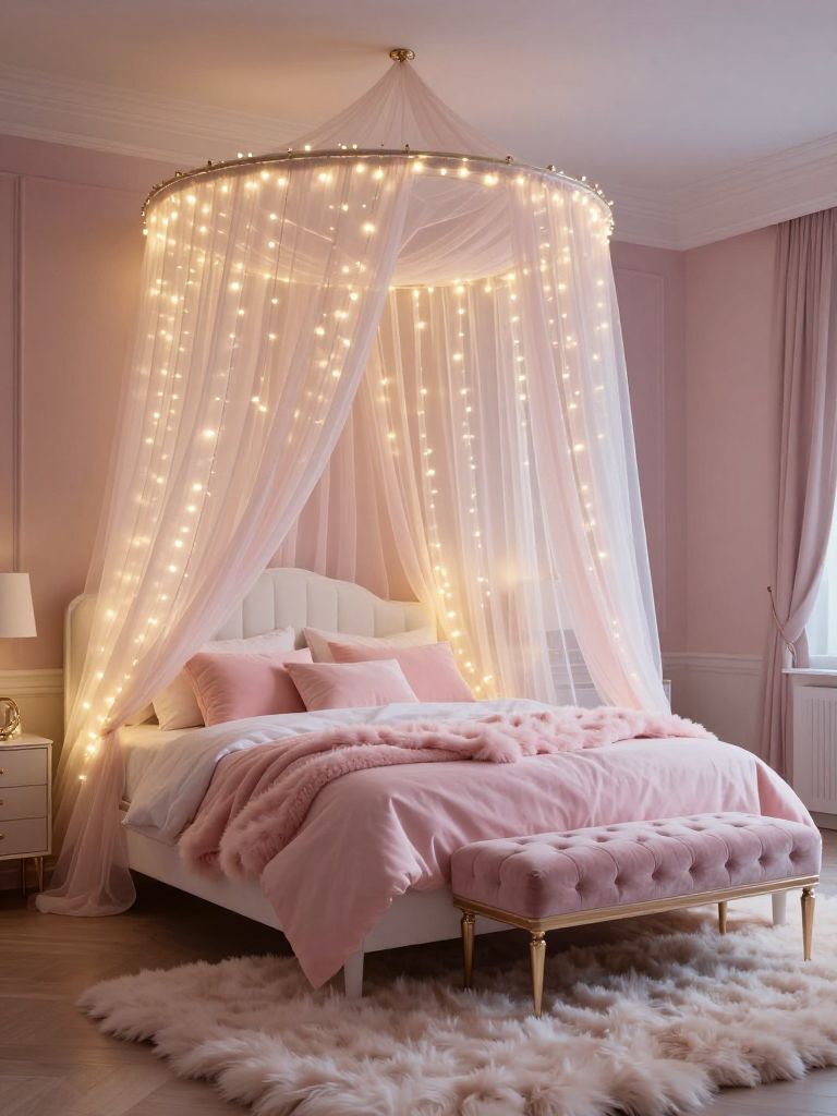 A dreamy pink canopy bedroom with glowing twinkle lights and soft romantic luxury inspired by modern princess-style interiors.