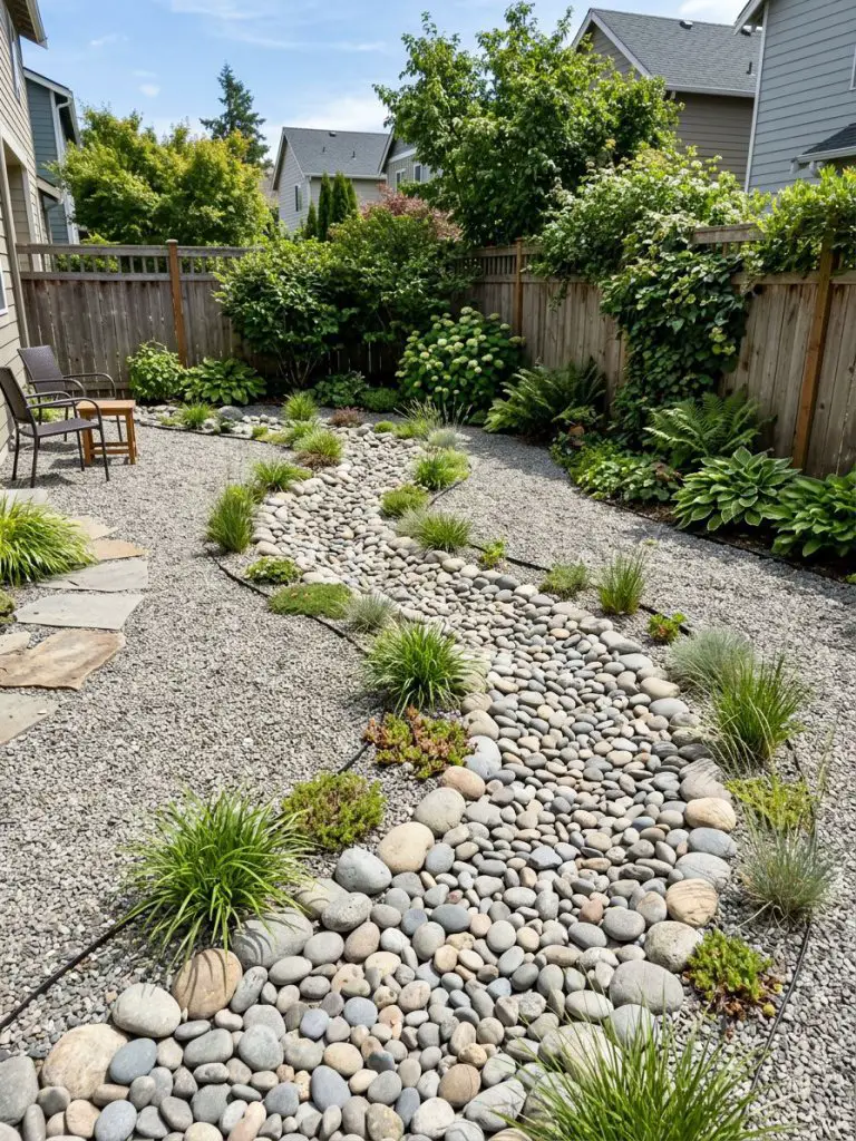 A small backyard in the United States featuring a dry river bed design integrated into a gravel garden under bright sunny daylight.