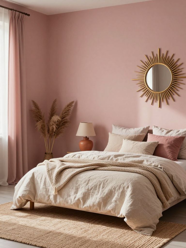 A cozy dusty rose bedroom designed in a Warm Minimalist and Scandinavian-inspired style with matte blush pink walls, soft ivory linen beddin.