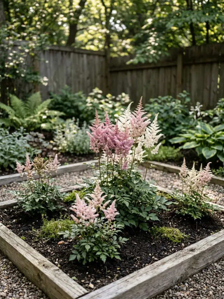 A small shaded garden bed featuring dwarf astilbe arranged in soft clusters within a minimalist rustic setting.