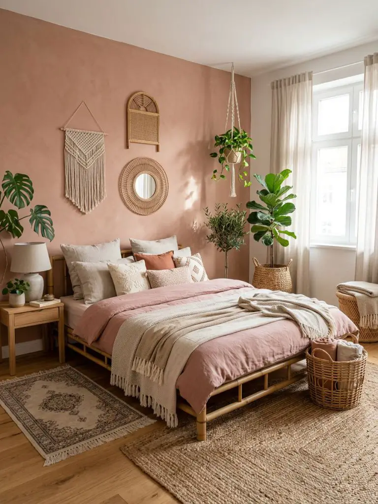 A cozy earthy pink boho bedroom styled with Scandinavian bohemian and warm minimalist design elements featuring terracotta blush walls and w.