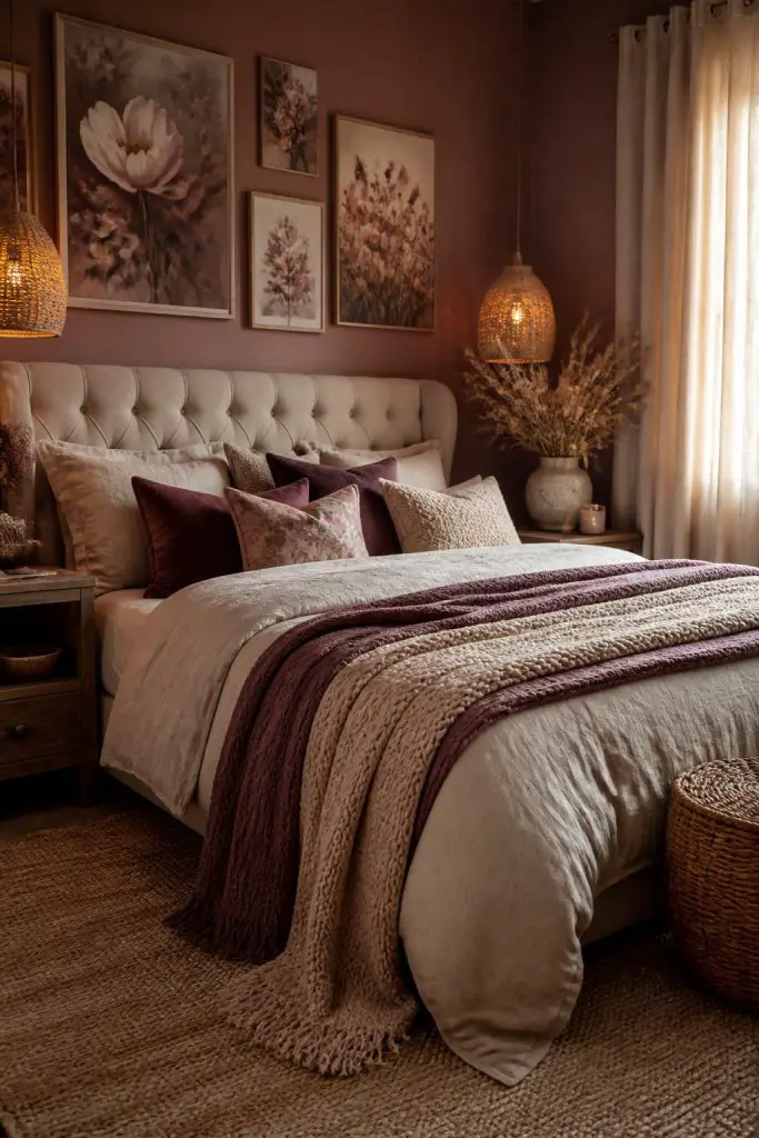 An earthy sanctuary with layered knits and throws in shades of mulberry, blush, and sand, all set against sulking room pink walls.