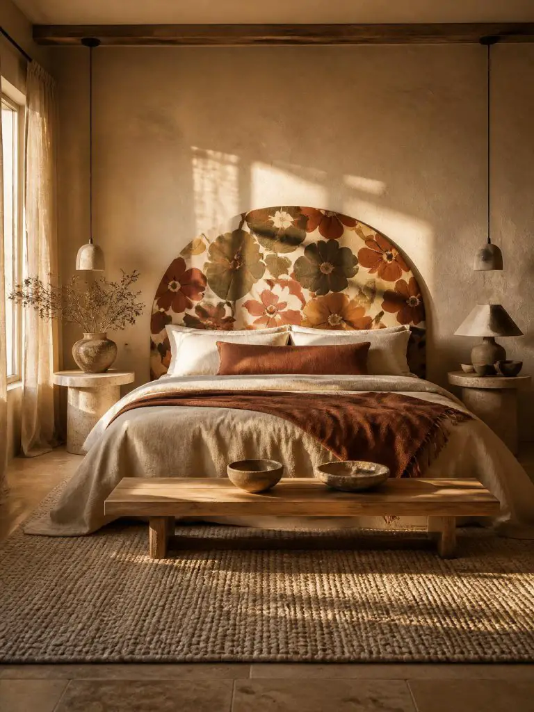 An earthy contemporary bedroom designed around a statement floral headboard featuring abstract floral patterns in clay, rust, camel, olive.