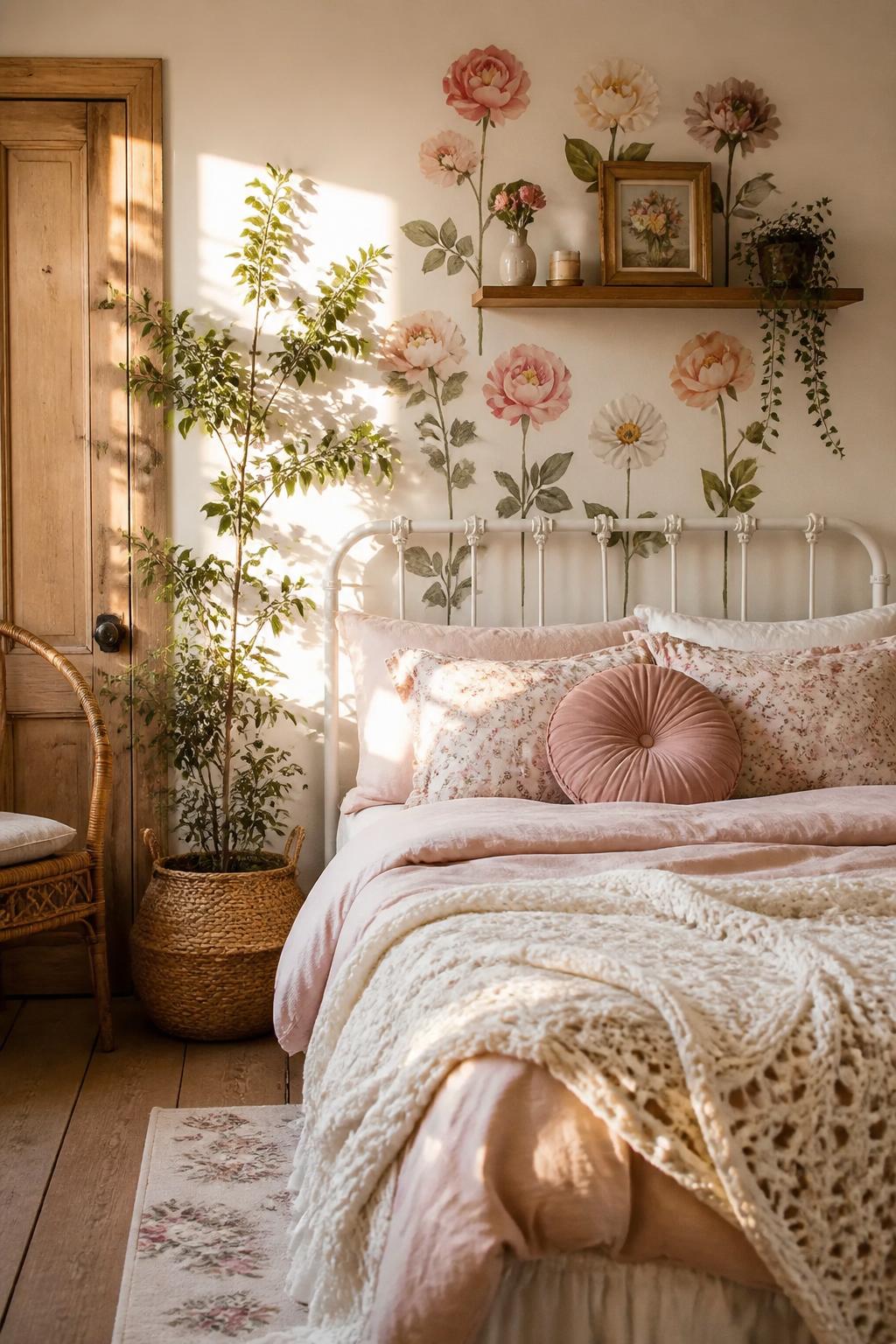 A cottagecore-inspired bedroom with oversized, vintage-style floral decals making a bold statement on crisp white walls.