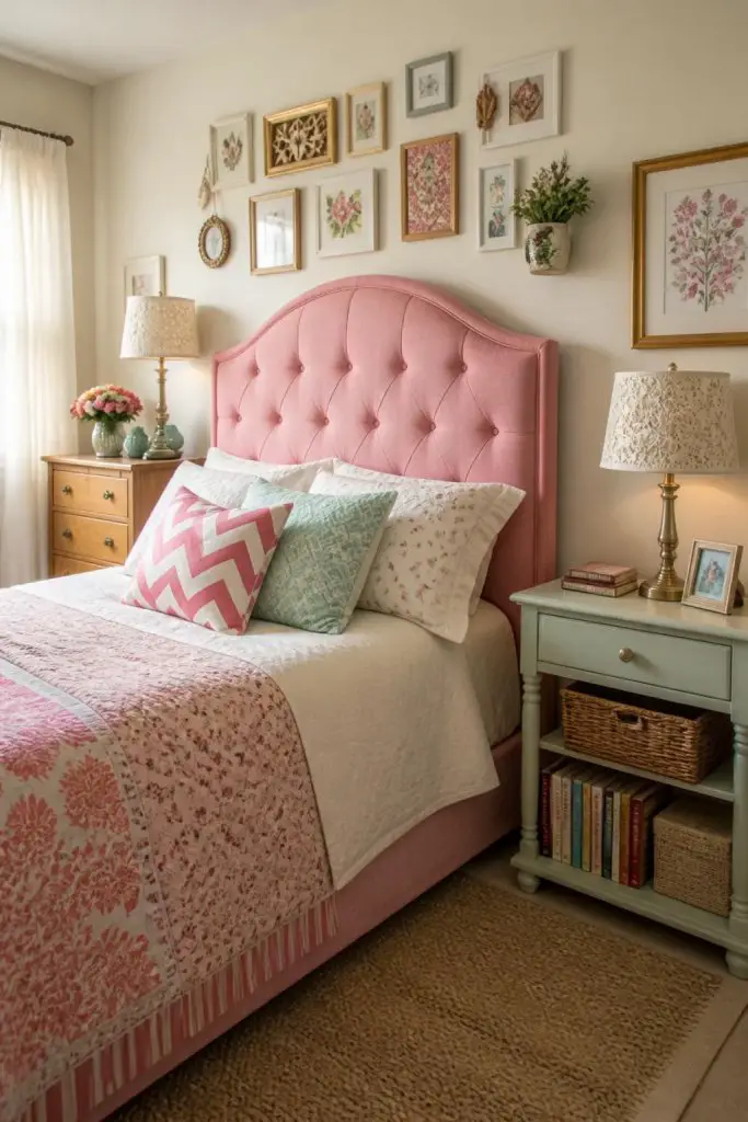 A playful and eclectic bedroom built around a soft pink upholstered headboard with gentle curves and classic tufting.