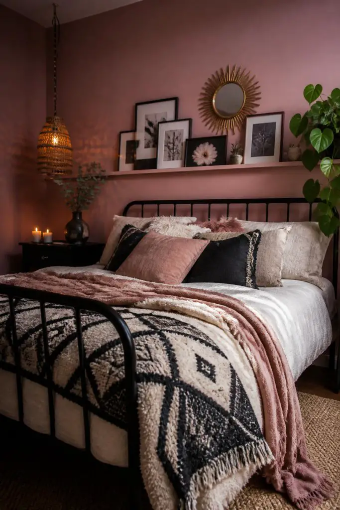An eclectic bedroom with sulking room pink walls, grounded by a modern black metal bed frame and a bold monochrome patterned throw.