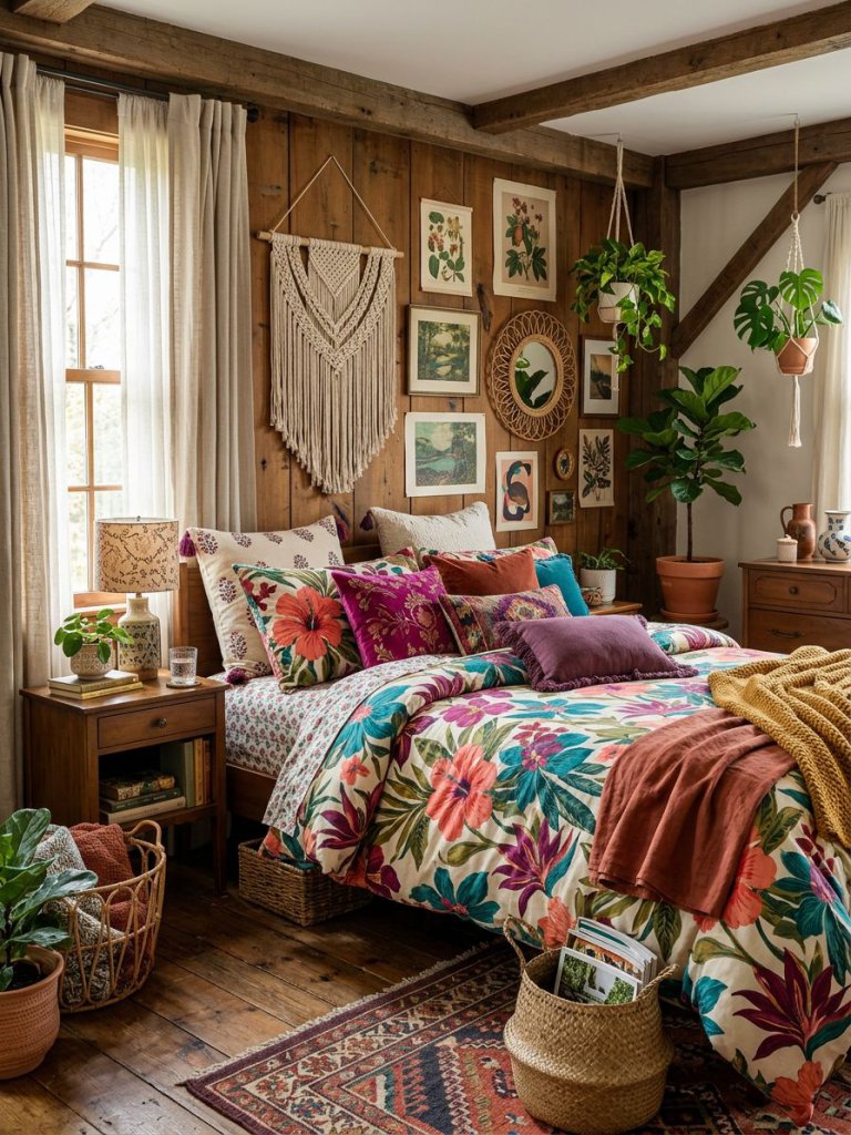 An eclectic bohemian bedroom showcasing artistic floral bedding filled with oversized tropical blooms in coral, teal, magenta, and deep plum.