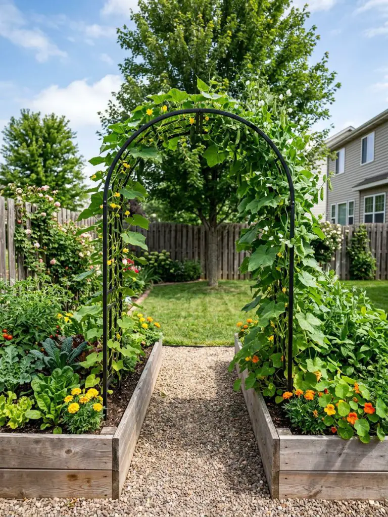 A charming small backyard setup featuring two raised garden beds connected by a metal arch trellis in a U.