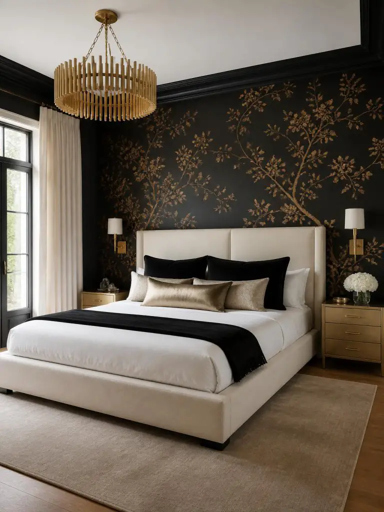 An elegant black floral bedroom blending modern classic style with soft luxury minimalism.