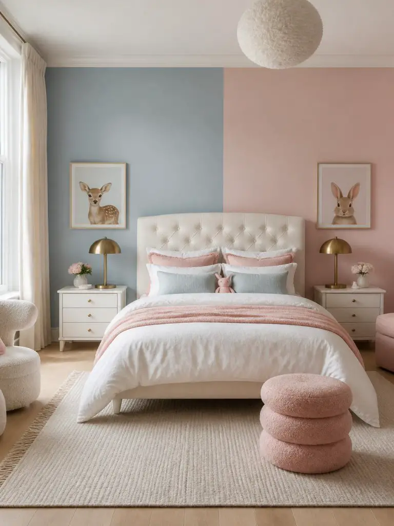 A sophisticated blue and pink kids bedroom designed in a warm minimalist and modern classic style with a split-tone accent wall in muted sky.