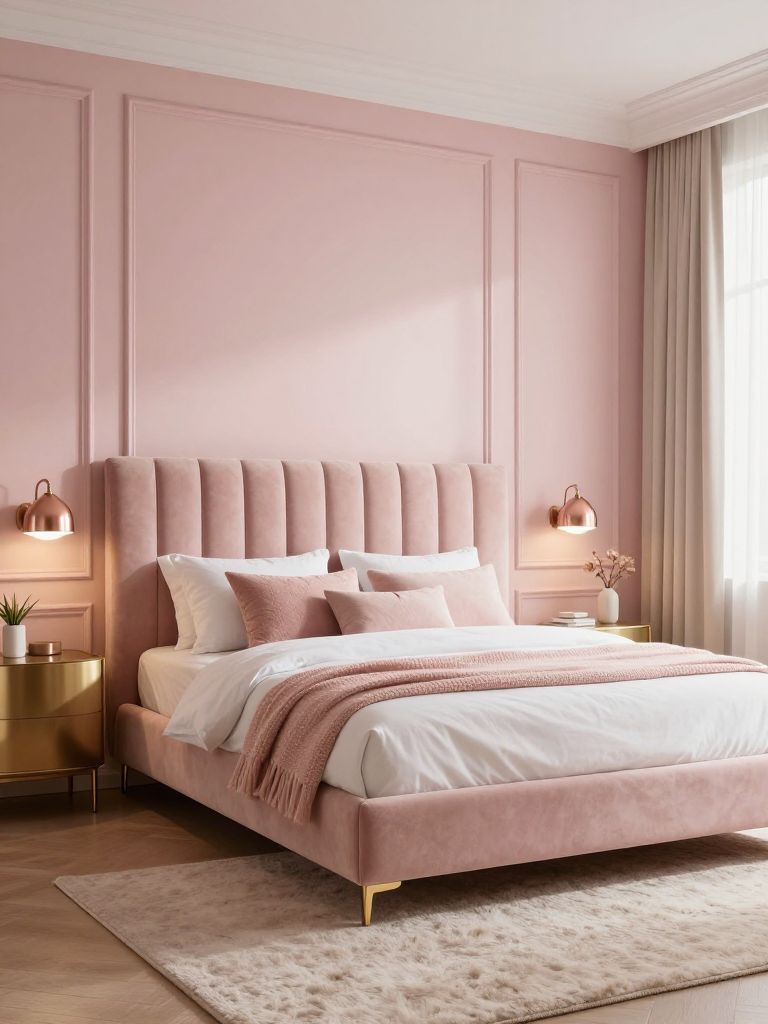 An elegant blush pink bedroom designed with modern glam influences and sophisticated feminine styling.